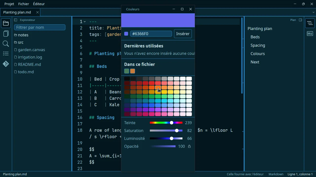 La fenêtre des couleurs, avec les couleurs déjà utilisées dans ce fichier