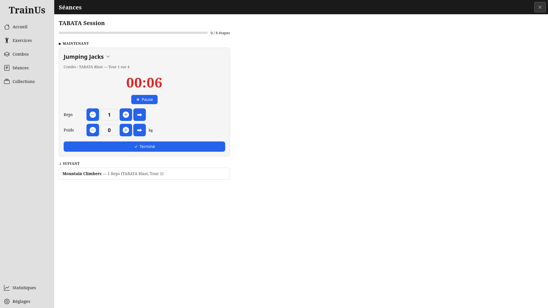 Combo TABATA, phase de travail en cours